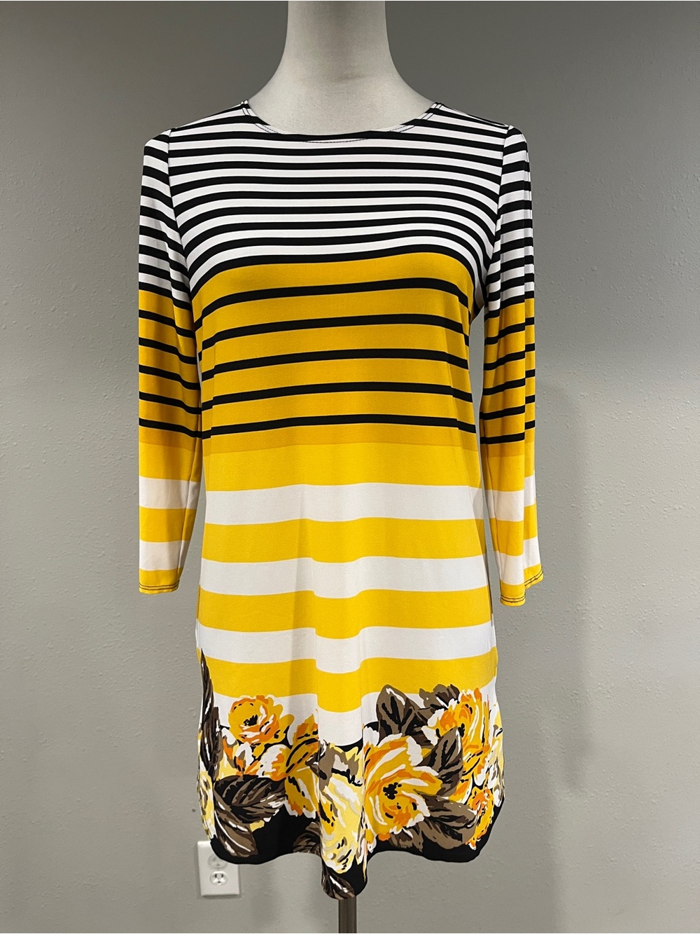Susan Graver Yellow Stripe & Floral long sleeves tunic/mini Dress